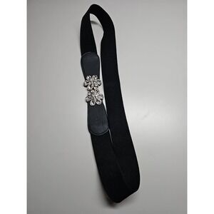 Black Stretch Belt Clear Rhinestone Flower Buckle Women's L 34" Un-stretched